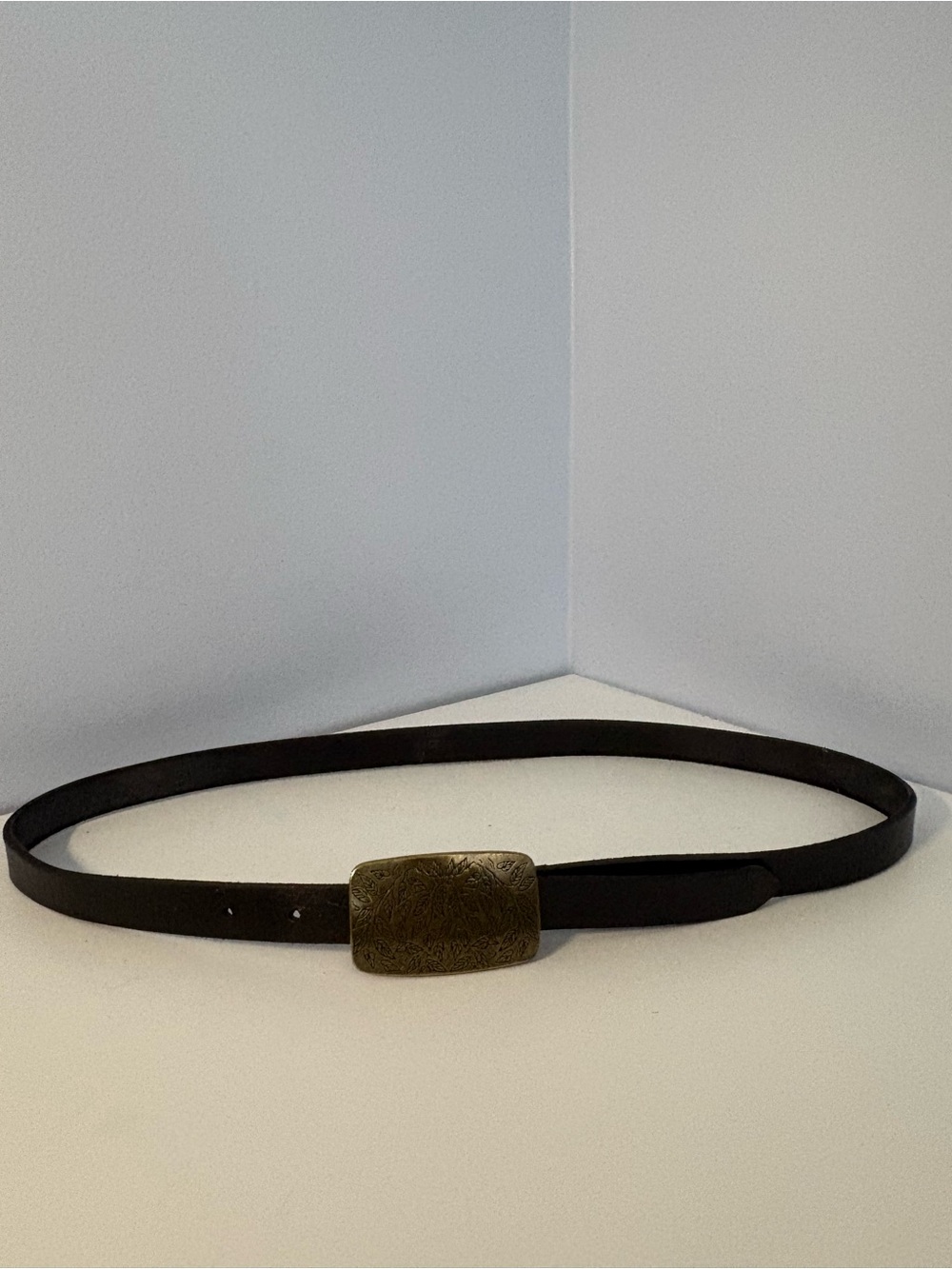 Anthropologie Dark Brown Leather Belt with Decorative Gold Buckle